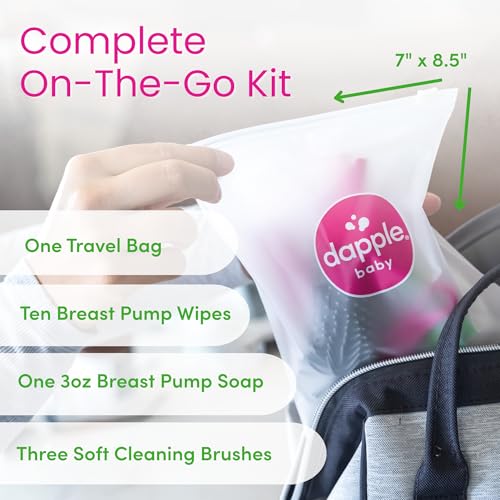 Dapple Breast Pump Cleaning Kit, 3 Baby Bottle Cleaning Brushes, Hypoallergenic & Powered by Plants, Removes Milk Residue, Leaves No Taste, 3oz Soap, 10ct Wipes 3 Cleaning Brushes