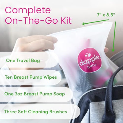 Dapple Breast Pump Cleaning Kit, 3 Baby Bottle Cleaning Brushes, Hypoallergenic & Powered by Plants, Removes Milk Residue, Leaves No Taste, 3oz Soap, 10ct Wipes 3 Cleaning Brushes