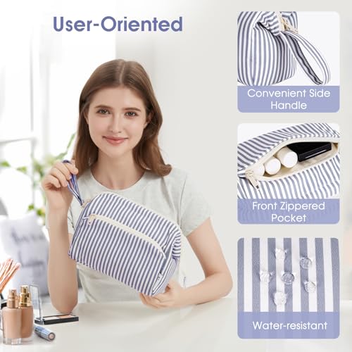 Narwey Striped Wide Open Makeup Bag Women, Travel Toiletry Bag for Women Cosmetic Bag Organizer Make up Bags with Compartments, Gift for Teen Girls (Greyish Blue Stripe) - color: ZY-Greyish Blue Stripe