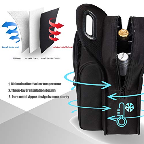 ALLCAMP 6 Piece Wine Travel Bag and Insulated Wine Carrier Tote Carrying Cooler Bag with Handle,Great Gift for Wine Lover - color: Large Black, size: 2 Bottle