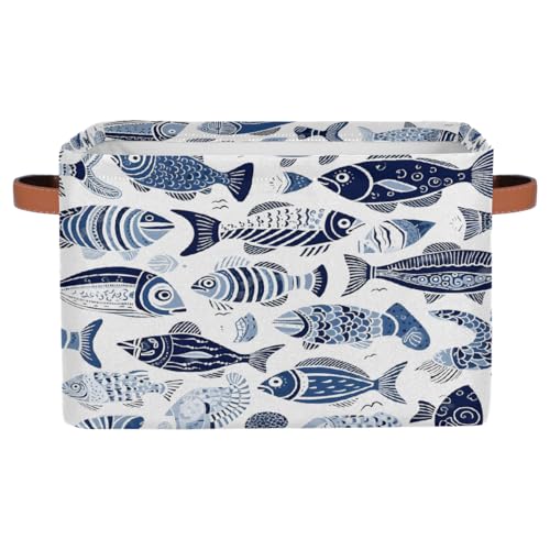 Ethnic Sea Fish Rectangular Storage Bin Collapsible Storage Basket Organizer Boxes with Leather Handle Storage Cube for Shelves Toy Laundry Nursery 1 PC - color: Ethnic Sea Fish, size: 1 Pc
