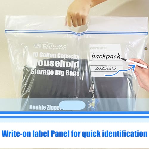 BEIDOU-PAC 10 Gallon Large Storage Bags with Handle, 25 Counts | Double Zipper Seal | Expandable Bottom, Resealable Clear zip Bags - style: Zip-10 gallon-25