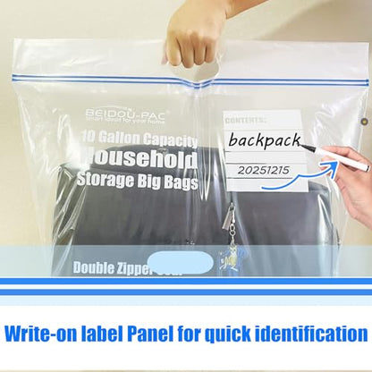 BEIDOU-PAC 10 Gallon Large Storage Bags with Handle, 50 Counts | Double Zipper Seal | Expandable Bottom, Resealable Clear zip Bags for Home, Travel, Moving Commercial and Outdoor - style: Zip-10 gallon-50