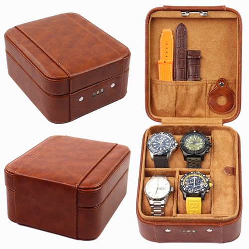 Juntan Hard Watch Travel Case Storage Organizer for Watches and Jewelry, PU Leather Watch Travel Box with Zipper for Ring and Watch Storage for Men Women (Brown) (Brown-4Slots(Combination Lock)) - color: Brown-4Slots(Combination Lock)