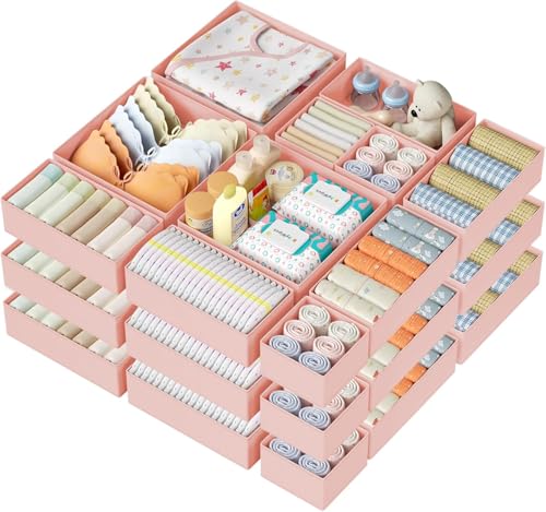 DIMJ Drawer Organizer Clothes 26 Pack - Foldable Baby Organizers and Storage Dresser Organizer for Bedroom, Closet Nursery Organization Dresser Dividers for underwear, Sock, Bra, Belt, Tie - color: Pink, size: 26 Pack