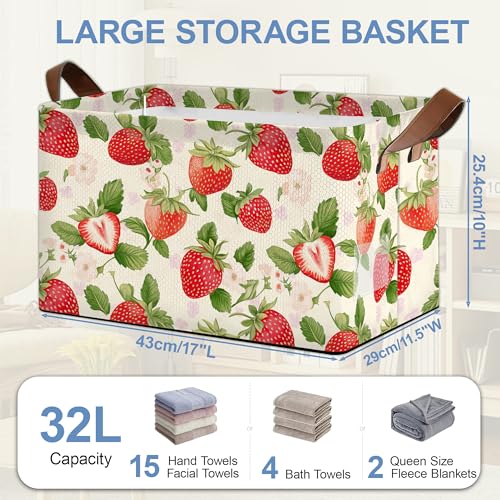 Strawberry Storage Baskets,Leaves Foldable Large Capacity Organizer Bins with Waterproof Lining and Leather Handles for Closet,Shelf,Bedroom 17x11.5x10Inch - color: Strawberry Leaves