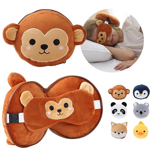 ecoZen Lifestyle Travel Pillow Set with Eye Mask - Comfort for Traveling Kids - Soft and Supportive Kids Sleep Mask Neck Pillow for Plane, Car, or Train Journeys - Monkey Design - color: Monkey