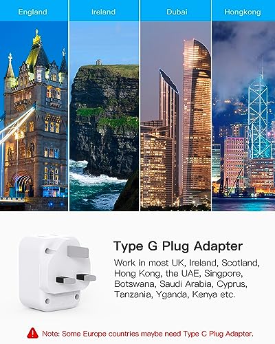 HANYCONY US to UK Ireland Travel Plug Adapter, Type G Travel Adapter 2 Outlets 3 USB Ports(2USB C), UK Power Adapter Converter for USA to Dubai England London Scotland British Kenya Irish Hongkong - style: Type G - UK Ireland
