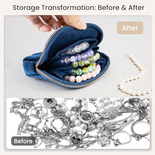 2026 New Travel Jewelry Case, Small Travel Jewelry Bag with Zipper, 5-Layer velvet Travel Jewelry Pouch for Bracelet Rings Earring, chain,pendants,Bracelet(Navy Blue) - color: Navy blue