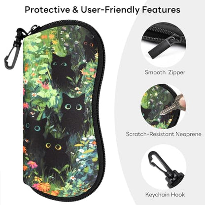 Sunglasses Case with Belt Clip, Ultra Light Neoprene Zipper Soft Padded Glasses Case for Women Men - color: Black Cats