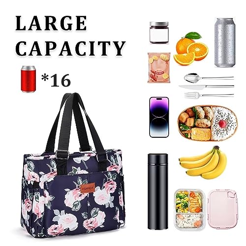 HSHRICH Large Peony Women's Lunch Bag, Insulated Aluminum Lunch Box with Side Pockets, Adjustable Carrying Options, Reusable and Easy to Clean - color: 05-Peony, size: Large
