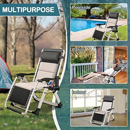 NAIZEA Padded Zero Gravity Chair, Folding Outdoor Lounge Chairs, Adjustable Reclining Camping Chairs with Cup Holder, Ergonomic Patio Lawn Chair for Balcony Beach Deck Yard - color: Ivory White, style: Zero Gravity Chair