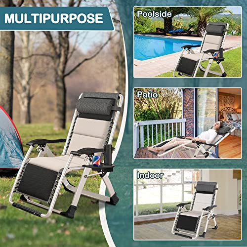 NAIZEA Padded Zero Gravity Chair, Folding Outdoor Lounge Chairs, Adjustable Reclining Camping Chairs with Cup Holder, Ergonomic Patio Lawn Chair for Balcony Beach Deck Yard - color: Ivory White, style: Zero Gravity Chair 2 Pack