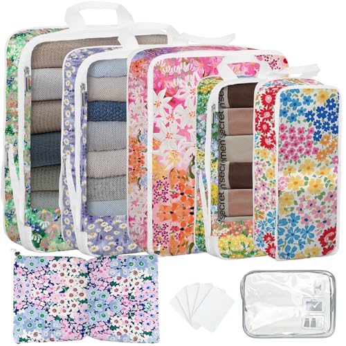 7 Pcs Compression Packing Cubes for Travel, Waterproof Suitcase Luggage Backpack Organizer with Toiletry Bag Travel Essentials for Women/Men-Flowers - color: Multi-Flowers