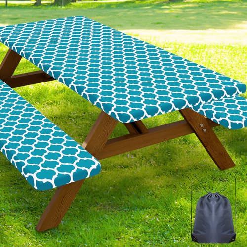 Smiry Picnic Table Cover with Bench Covers, Waterproof Elastic Fitted Tablecloth for 8 Foot Tables, Washable Polyester Tablecloths for Camping, Indoor & Outdoor (Aqua, 30x96 Inch 3-pc Set) - color: Aqua, size: 30"x96"