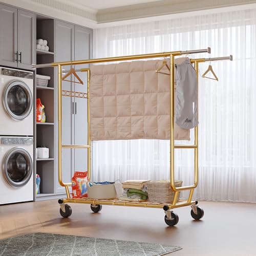 Raybee Clothes Rack Load 650LBS Heavy Duty Clothing Rack, Collapsible Clothes Racks for Hanging Clothes with Adjustable Height & Double Rods, Commercial Garment Rack with Wheels, Easy Assembly, Gold - color: Gold