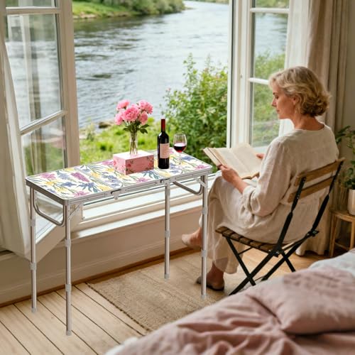 Anbte 3ft Folding Camping Table with Storage Net & Bag, 3 Adjustable Height Max 27.5" Outdoor Folding Table Lightweight, Portable Handle for Outdoor Indoor Camping Beach RV Picnic, Blooming Floral - color: Spring Blossom