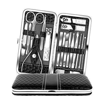 Teamkio Manicure Pedicure Set Nail Clippers Travel Hygiene Kit Stainless Steel Nail Cutter Care Set Scissor Tweezer Knife Ear Pick Utility Tools Grooming Kits with Leather Case 18 in 1 pcs (Black) - color: Black