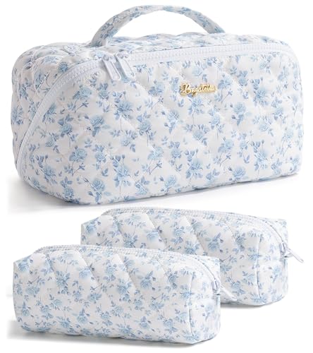 Travel Makeup Bag, 3 Pcs Large Capacity Puffy Toiletry Bag for Women, Open Flat Make up Cosmetic Organizer w/Handle & Clear Divider Water-resistant Portable Pouch Travel Essentials, L-Blue Floral - color: Blue Floral, size: large
