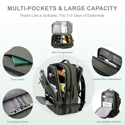 BAGOK Carry On Travel Backpack, 35L-40L Expandable Extra Large Airline Approved,Lightweight Daypack for Men and Women（Green） - color: Green, size: Large