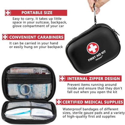 Mini First Aid Kit - 120 Piece Small Waterproof Hard Shell Medical Kit for Car, Home, Office, Travel, Camping, Sports, Outdoor, School - Emergency First Aid Supplies and Survival Kit (Black) - color: Black