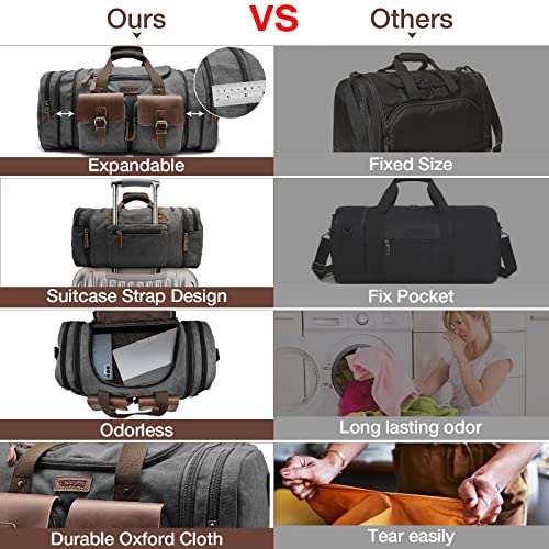 Wildroad 50L Travel Duffel Bag, Expandable Canvas Genuine Leather Duffle Bag Upgraded Overnight Weekender Carry on Bag - color: Black, size: Large-50L Duffle Bag