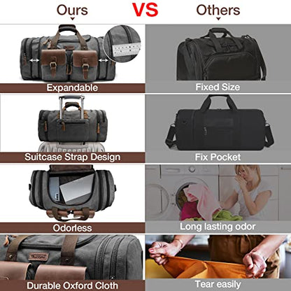 Wildroad 60L Travel Duffel Bag, Expandable Canvas Genuine Leather Duffle Bag Upgraded Overnight Weekender Bag Carry on Bag - color: Black, size: X Large-60L Duffle Bag