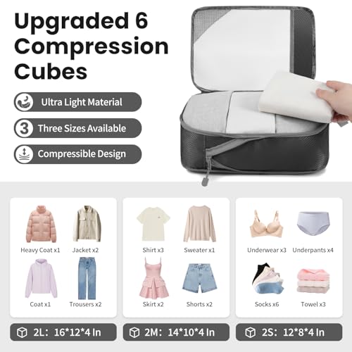 Compression Packing Cubes for Travel, Lightweight Vacation Travel Essentials, Travel Accessories for Suitcase Organizer Bags Set, Durable Luggage Organizer - color: Deep Black, size: 6 set-Half Mesh