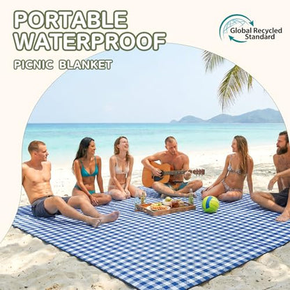 Genovega Waterproof Picnic Blanket Beach Outdoor Mat Rug Registry Wedding Search by Name Must Have Items Newly Wed Married Couple Gifts Bridal Husband Wife Men Women Mr Mrs 1 Anniversary Present - color: Checkered Navy