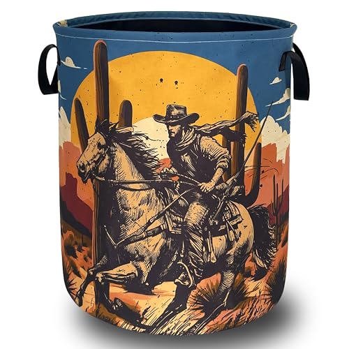 Western Cowboy Laundry Basket Oxford Cloth Desert Riding Laundry Hamper With Handle Foldable Portable Clothes Storage Basket Western Funny Laundry Bag 18.9"x16.5" For Laundry Room/Bedroom/Bathrooms - color: Western Cowboy Desert Riding