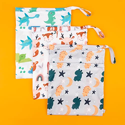 babygoal Wet Dry Bags for Baby Cloth Diapers, Washable Travel Bags, Beach, Pool, Gym Bag for Swimsuits & Wet Clothes with Two Zippered Pockets 3 Pack, 3LN23 - color: Animal world
