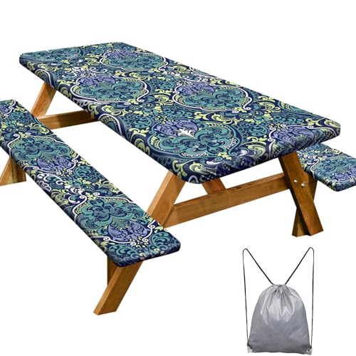 Picnic Table Cover with Bench Covers Camping Essentials Waterproof Windproof Camping Tablecloth with Drawstring Bag, Fitted Rectangle Tables and Seats, 72in, Deep Blue Green - color: Deep Blue Green, size: 72in