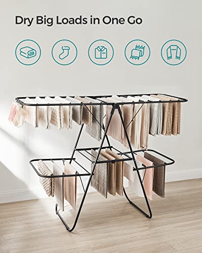 SONGMICS Clothes Drying Rack, Foldable 2-Level Laundry Drying Rack, Free-Standing Laundry Airer, with Height-Adjustable Wings, 33 Drying Rails, Sock Clips, Black ULLR053B01V1 - color: Black, size: 2 Tiers（22"d x 61.8"w x 64.3''h )