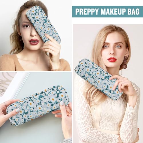 izuzta Nylon Small Floral Makeup Bag Slim Pouch, Preppy Cute Makeup Brush Case Bag Flower Cosmetic Zipper Pouch Purse, Waterproof Travel Toiletry Bag Coin Pouch Make Up Organizer Women(Green-Daisy) - color: Green-Daisy, size: Slim
