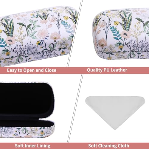 PERFECTSIGHT Sunglasses Case, Large Hard Shell Glasses Case, Cute PU Leather Protective Eyeglasses Case for Women Men - color: White Flower