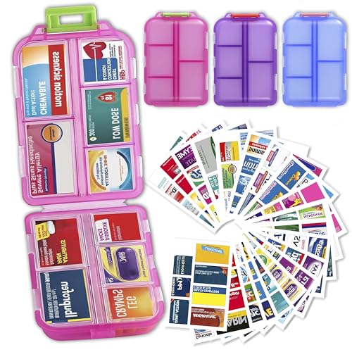 Pill Organizer with Medicine Labels, Travel Daily Pill Container, Mini Medication Organizer, 7-Day Pill Case, Set of 3 (Blue+Pink+Purple) - color: Blue+pink+purple, size: Standard