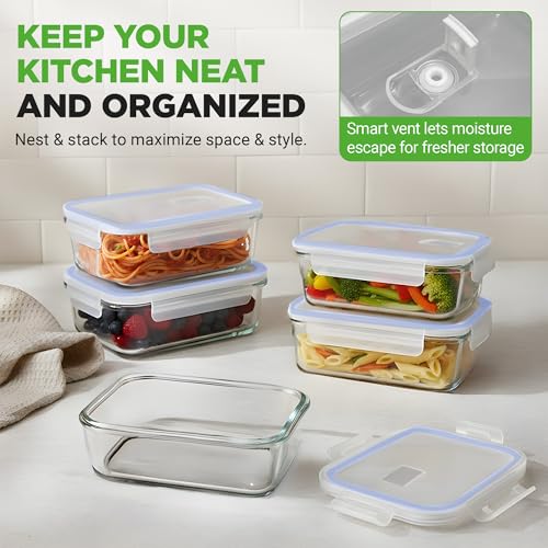 NutriChef 10-Piece Glass Food Containers - Stackable Superior Glass Meal-prep Storage Containers, Newly Innovated Leakproof Locking Lids w/Air Hole, Freezer-to-Oven-Safe (Blue) - color: Navy