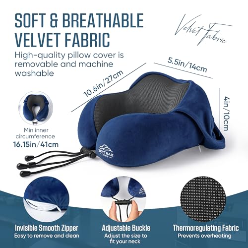 SkytraxComf® Travel Neck Pillow with Hood for Privacy on Long Flights | Memory Foam | Airplane Sleep | Safety-Tested Materials | Extra Large Hood | Chin Support | Earplugs | Washable Cover - color: Navy Blue