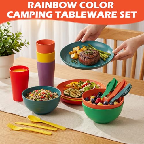 Remerry 6 Sets Camping Mess Kit with Plates Bowls Cups Spoon Fork and Knife Cutlery in 6 Colors Tableware Reusable Plastic Tableware Set for Travel Picnic Camping Necessity Home Party