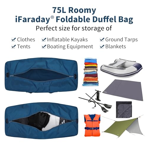 iFARADAY Foldable Duffle Bag 30 inch 75L Large Lightweight Luggage Bag for Travel Camping Storage-Blue - color: Blue-75L(with shoulder strap)