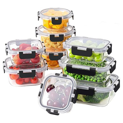 HOMBERKING 18 Piece Glass Food Storage Containers with Lids, Glass Meal Prep Containers, Airtight Lunch Bento Boxes, BPA-Free & Leak Proof, Oven, Freezer and Dishwasher Safe (9 lids & 9 Containers) - color: Black