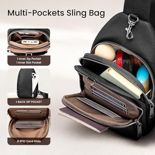 befen Genuine Leather Small Sling Bag for Women Anti-Theft Crossbody Chest Bags Multi-Pockets Fanny Pack with RFID Card Slots - color: Black