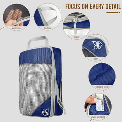 8 Set Compression Packing Cubes for Travel, Expandable Luggage Organizer with Shoe Bag & Laundry Bag - Lightweight Suitcase & Backpack Travel Essentials (Navy Blue) - color: Navy Blue