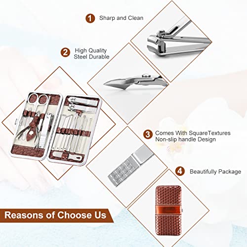 Nail Clippers Set 18 Pieces Stainless Steel Manicure Kit, Professional Grooming Kits, Nail Care Tools with Luxurious Travel Case - color: Brown