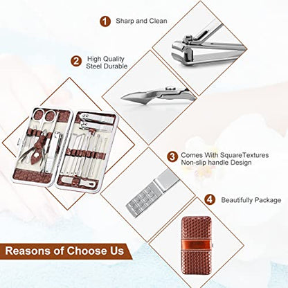 Nail Clippers Set 18 Pieces Stainless Steel Manicure Kit, Professional Grooming Kits, Nail Care Tools with Luxurious Travel Case - color: Brown