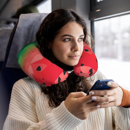 Gradient Watermelon Memory Foam Travel Pillow Soft Comfortable Neck Pillow U-Shaped Head Support Pillow Travel Accessories for Sleeping Rest Airplane Car and Office