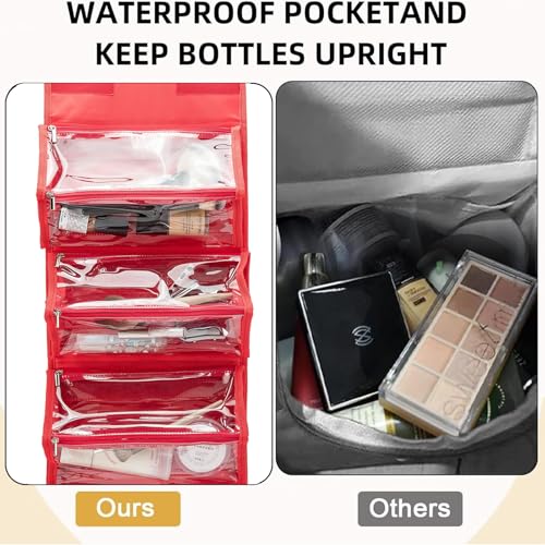 ROYALFAIR Roll Up Makeup Bag, Travel Toiletry Bag for Women with 4 Clear TSA Approved Pouches, Hanging Travel Organizer, Folding Cosmetic Bag for Men and Women (Red) - color: Red