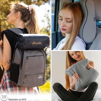 alkamto Travel & Camping Comfortable Memory Foam Pillow – Easy to Carry Portable Bag – Temperature Regulating Pillow Case (Grey Contour) - size: Grey Contour Travel