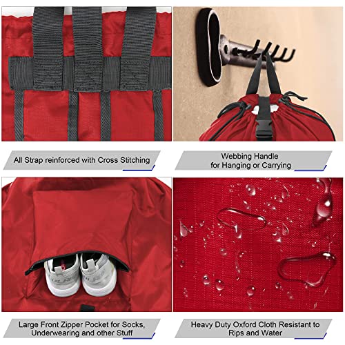 BeeGreen Laundry-Bag-Backpack-Extra-Large, Red Nylon Drawstring Portable Laundry Backpack Tall Foldable Heavy Duty Dirty Clothes Travel Bag with Handle College Dorm Apartment Essentials - color: Red, style: With Front Zipper Pocket
