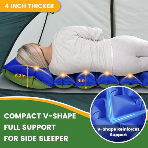 4-Inch Inflatable Camping Sleeping Pad with Built-in Foot Pump & Pillow, Side Sleeper Support, Stays Firm Overnight, Compact for Backpacking, Car Camping & Outdoor Gatherings - color: Royal Blue+green